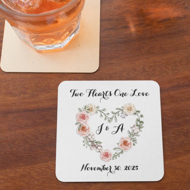 Two Hearts One Love Pink Cream Roses Square Paper Coaster (Creator Uploaded)
