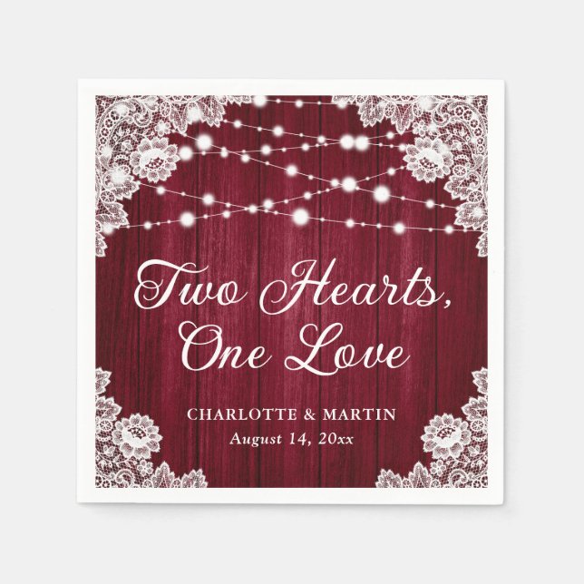 Two Hearts One Love Rustic Wood Burgundy Wedding Napkin (Front)