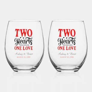 Two Hearts One Love Wedding Keepsake Stemless Wine Glass