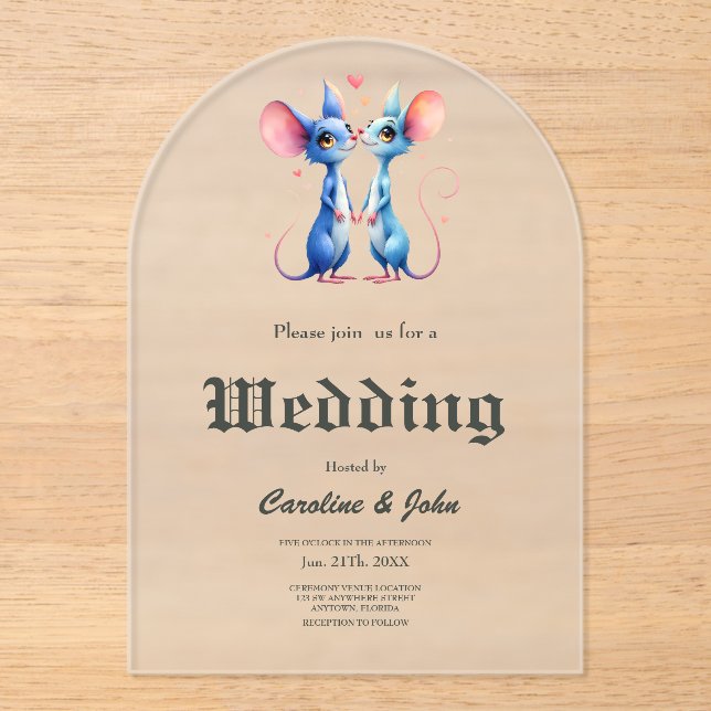 Two Hearts, One Love – Wedding Mice.  Acrylic Invitations (Front)