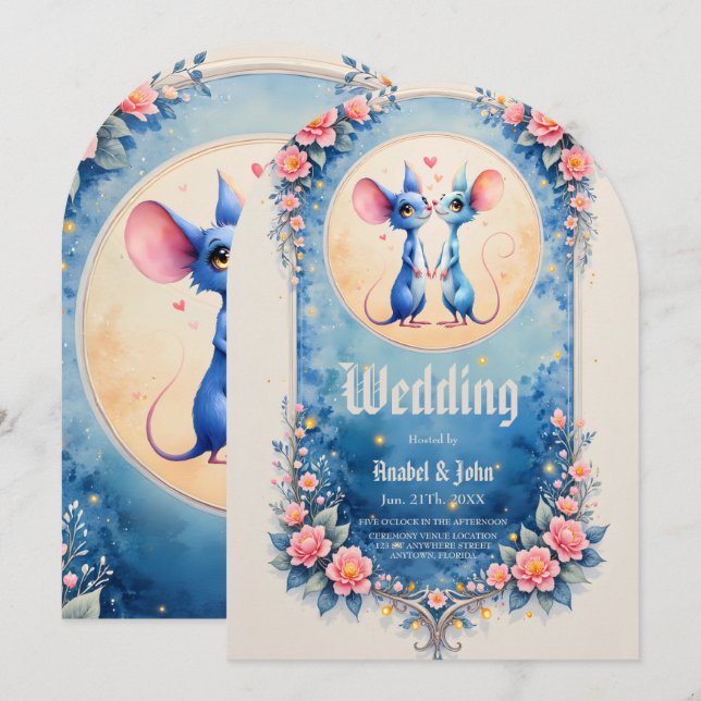 Two Hearts, One Love – Wedding Mice.  Invitation (Front/Back)
