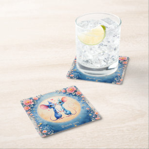 Two Hearts, One Love – Wedding Mice. Square Paper Coaster
