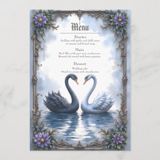 Two Hearts, One Reflection – Romantic Swan Wedding Menu (Front)