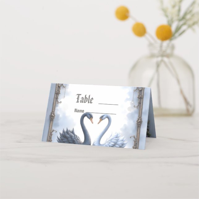 Two Hearts, One Reflection – Romantic Swan Wedding Place Card (Front)