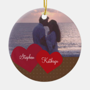 Two hearts red custom photo wedding anniversary ceramic tree decoration
