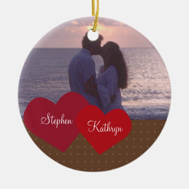 Two hearts red custom photo wedding anniversary ceramic tree decoration (Front)