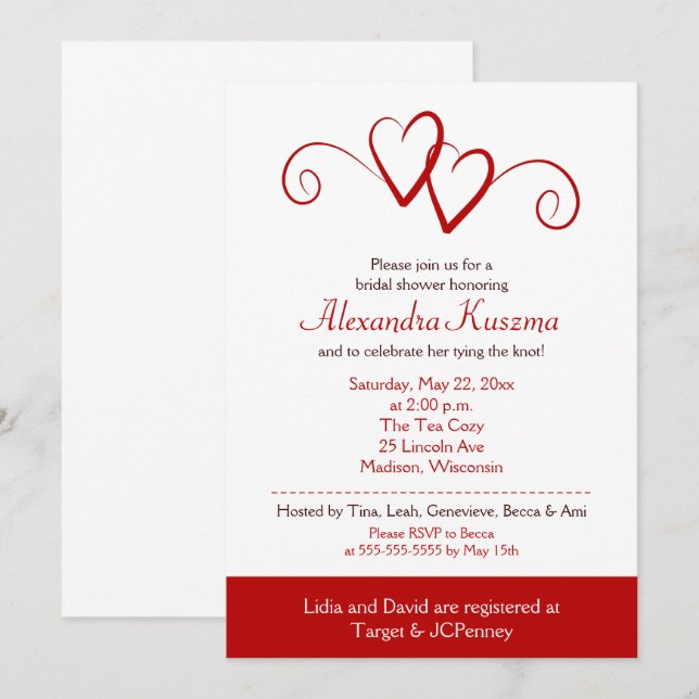 Two Hearts Red Swirl Bridal Shower Invitation (Front/Back)