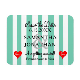 Two Hearts Seafoam Gteen White Stripes Wedding Magnet
