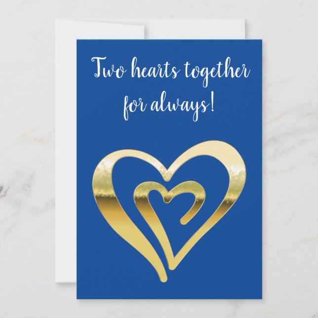 Two hearts together faux metallic gold blue holiday card (Front)