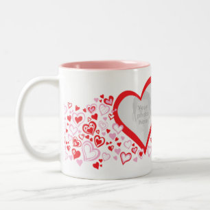 Two hearts valentine / wedding photos red pink mug