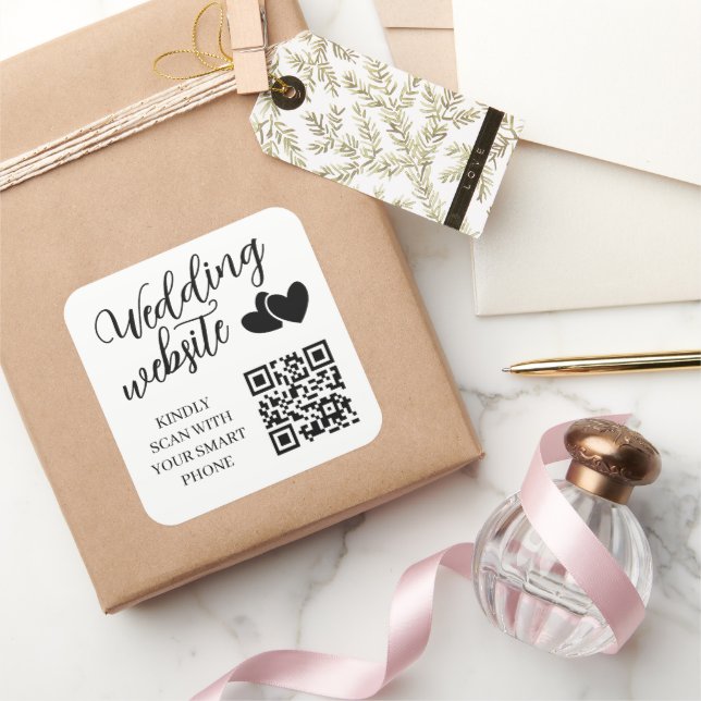 Two Hearts Wedding Website QR Code Square Sticker (Gifting)