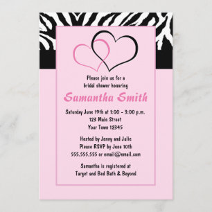 Two Hearts Zebra Pink Bridal Shower Party Invite