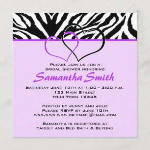 Two Hearts Zebra Purple Bridal Shower Party Invite