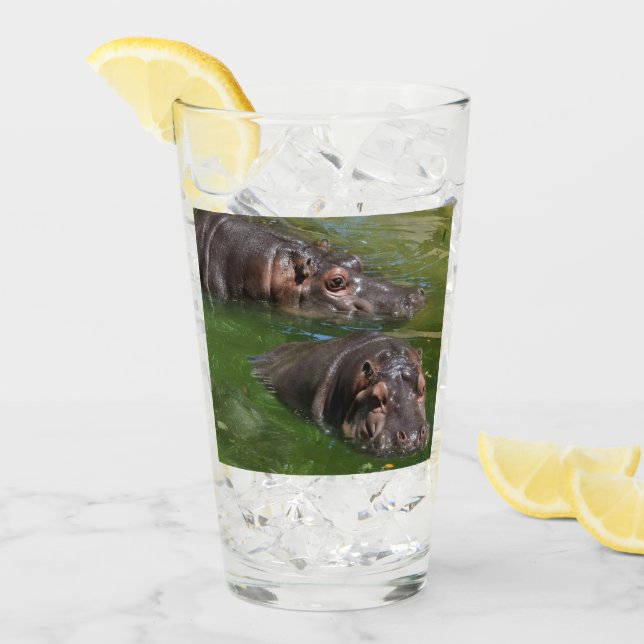 Two Hippos In A Pond, Drink Glass (Front Ice)