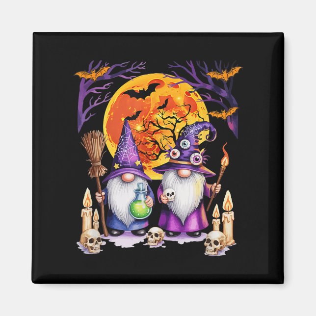 Two Horror Gnomes As Witch Halloween Moon Matching Magnet (Front)