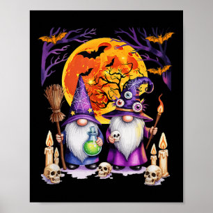 Two Horror Gnomes As Witch Halloween Moon Matching Poster