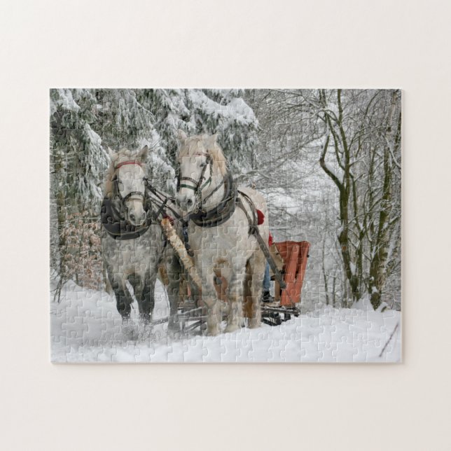 Two Horse Drawn Open Sleigh on Snowy Path in Woods Jigsaw Puzzle (Horizontal)