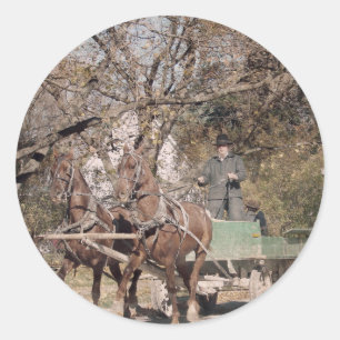 Two Horse Team and Wagon Classic Round Sticker
