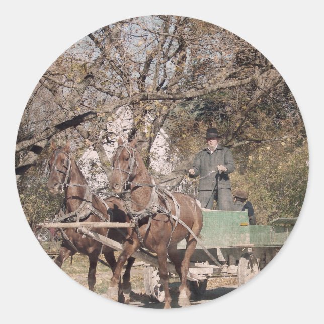 Two Horse Team and Wagon Classic Round Sticker (Front)