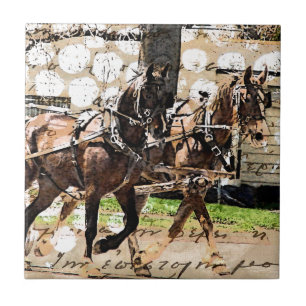 Two Horse Team Mixed Media Collage Tile