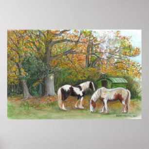 Two horses and a gypsy wagon - Canvas print