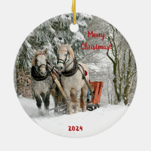 Two Horses and Sleigh in the Snow Ceramic Ornament