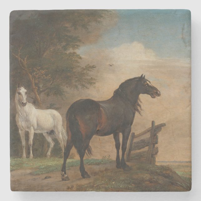 Two Horses in a Meadow Near a Gate (Paulus Potter) Stone Coaster (Front)