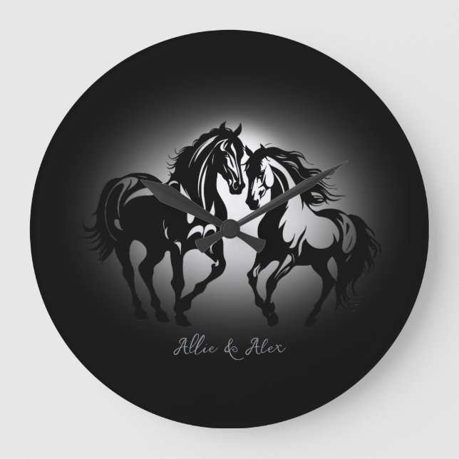 Two horses in love black white horse lover couple large clock (Front)