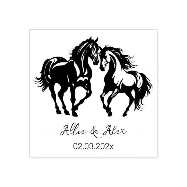 Two horses in love black white horse lover couple rubber stamp (Imprint)