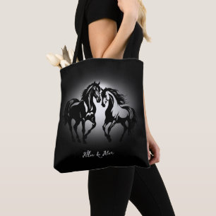 Two horses in love black white horse lover couple tote bag