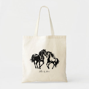 Two horses in love black white horse lover couple tote bag