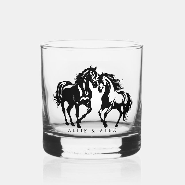 Two horses in love black white horse lover couple whiskey glass (Front)