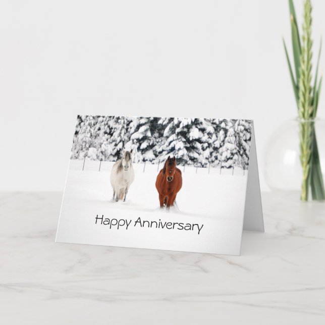 Two Horses in Snow, Happy Anniversary Card (Front)