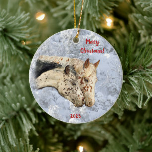 Two Horses  in the Snow Ceramic Ornament