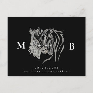 Two Horses Monogram Black Wedding Save the Date Postcard