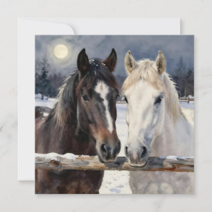 Two Horses on a Snowy Farm   Blank Card