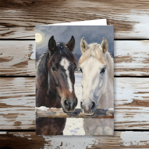 Two Horses on a Snowy Farm   Happy Birthday Card