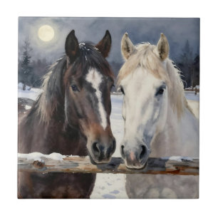 Two Horses on a Snowy Farm Under the Moon Ceramic Tile