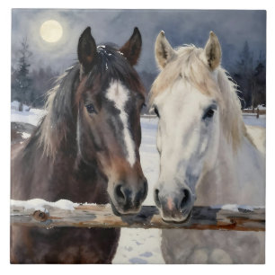 Two Horses on a Snowy Farm Under the Moon Ceramic Tile