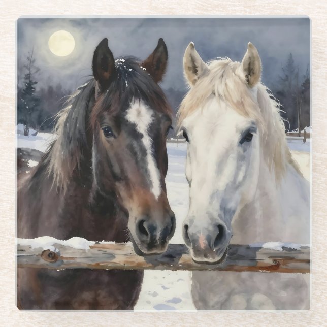 Two Horses on a Snowy Farm Under the Moon Glass Coaster (Front)