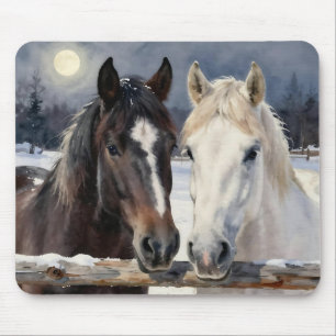 Two Horses on a Snowy Farm Under the Moon Mouse Pad