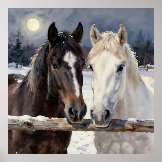 Two Horses on a Snowy Farm Under the Moon Poster (Front)