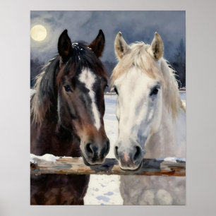 Two Horses on a Snowy Farm Under the Moon Poster