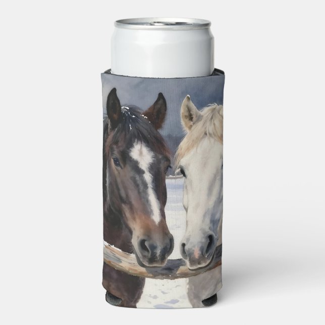 Two Horses on a Snowy Farm Under the Moon Seltzer Can Cooler (Seltzer Front)