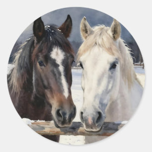 Two Horses on a Snowy Farm under the Moonlight  Classic Round Sticker