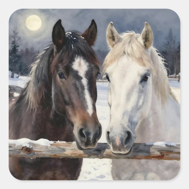 Two Horses on a Snowy Farm under the Moonlight  Square Sticker (Front)