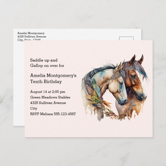 Two Horses with Feather Décor Boho Birthday Party Invitation Postcard (Front/Back)