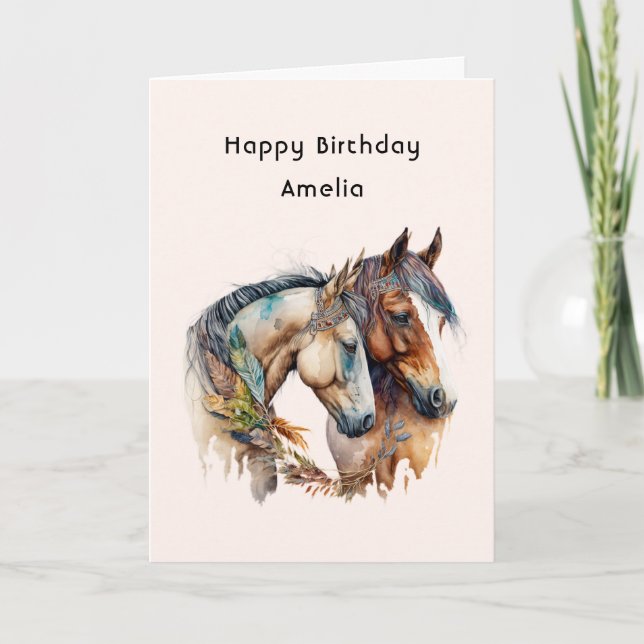 Two Horses with Feather Decorations Boho Birthday Card (Front)