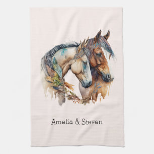 Two Horses with Feather Decorations Boho Tea Towel