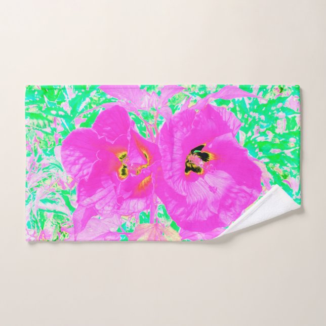 Two Hot Pink Plum Crazy Hibiscus on Lime Green Hand Towel (Hand Towel)